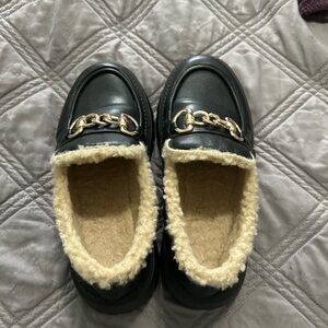 Black Loafers with Gold Chain Detail